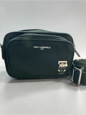 Karl Lagerfeld Black Dual-Zip Crossbody Camera Bag with Signature Icon